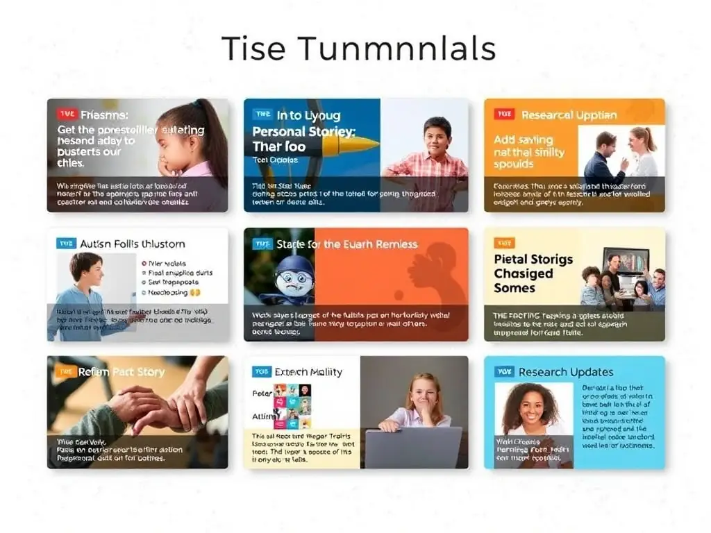 A diverse collection of blog post thumbnails featuring articles on autism-related topics, including personal stories, expert advice, and research updates.