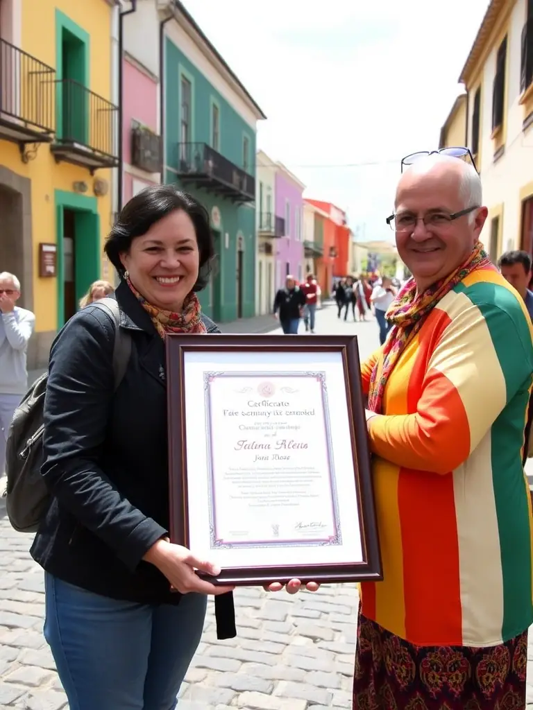 A heartwarming image depicting a caregiver receiving a certificate of appreciation at a local community event in the Azores, symbolizing recognition for their dedication to caring for an individual with autism.