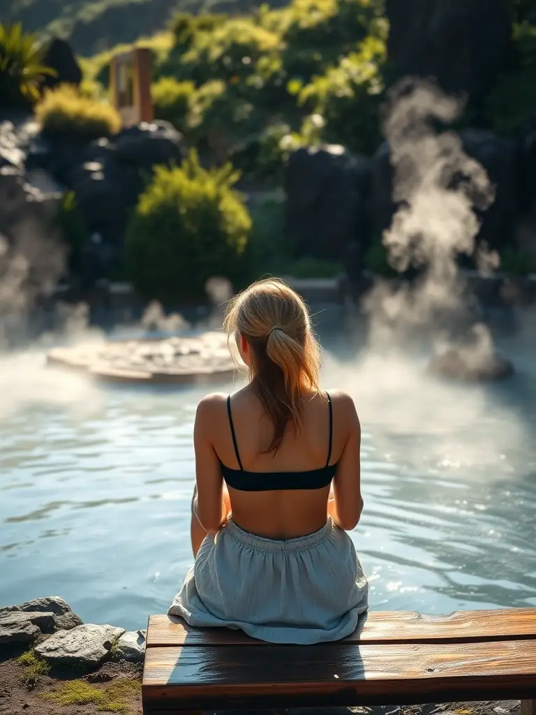 A serene image of a caregiver enjoying a peaceful moment at a local Azorean spa, showcasing the benefits of respite care in managing stress and promoting well-being.
